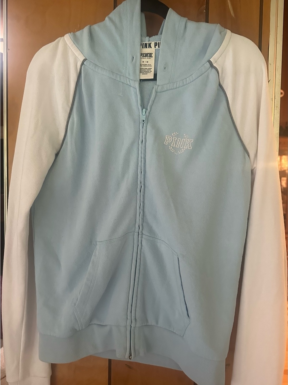 PINK Victoria's Secret Light Blue & White Zip Hoodie Medium